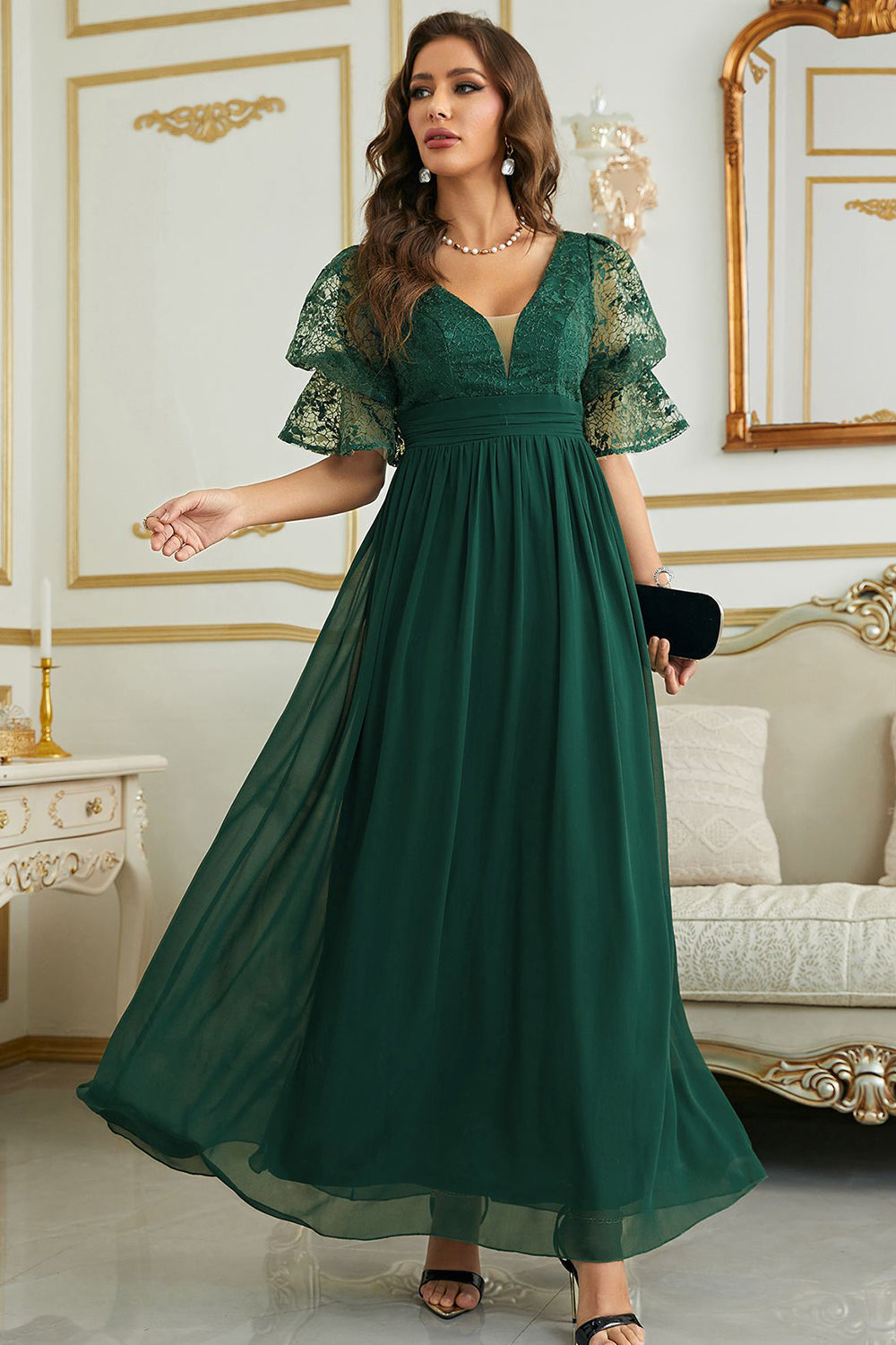 Vestido de Dama de Honor Com Renda Borgonha Chiffon