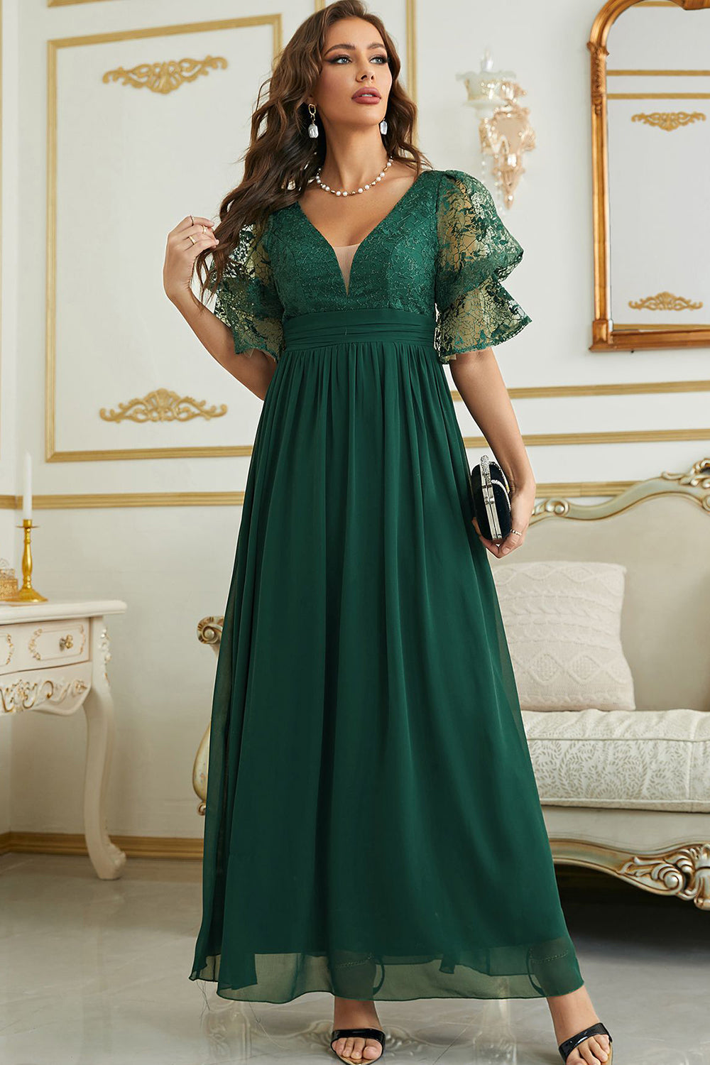Vestido de Dama de Honor Com Renda Borgonha Chiffon