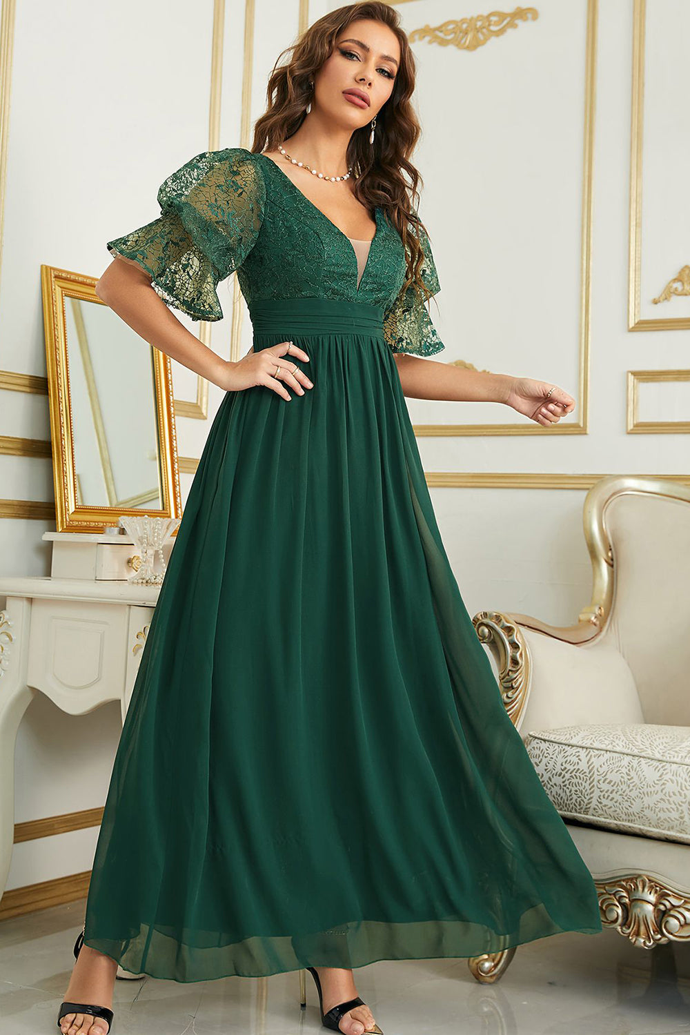 Vestido de Dama de Honor Com Renda Borgonha Chiffon