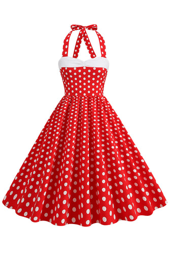 Vermelho Halter Pontos de Polka Vestido Dos Anos 1950