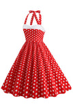 Vermelho Halter Pontos de Polka Vestido Dos Anos 1950