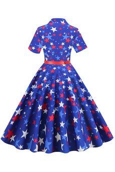 Azul Real Estrelas Vestido Dos Anos 1950 Com Mangas Curtas