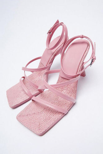 Sandálias de salto alto rosa Slip-on Square Toe