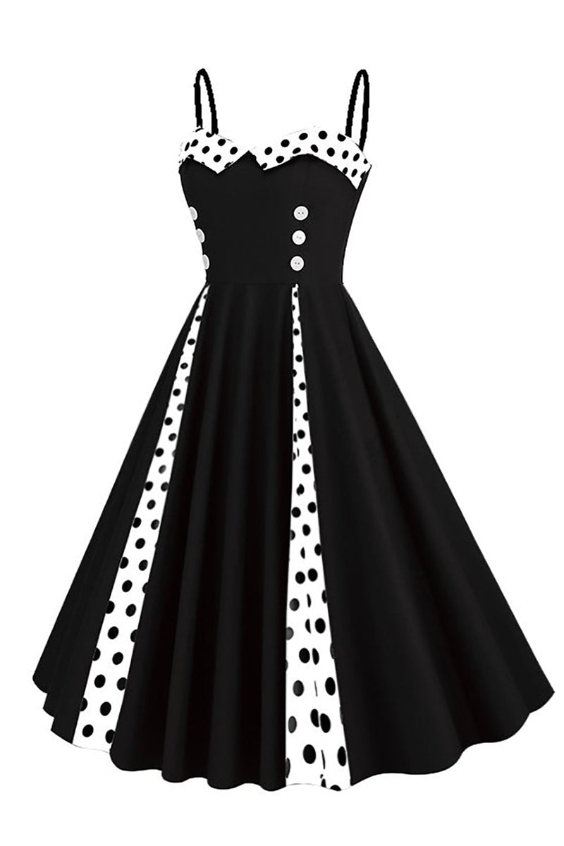 Carregar imagem no visualizador da galeria, Polka Dots Black Swing vestido dos anos 1950 com mangas sem mangas