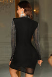 Preto Glitter frisado mangas compridas bodycon vestido de cocktail