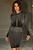 Preto Glitter frisado mangas compridas bodycon vestido de cocktail