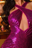 Sparkly Keyhole Backless Fuchsia vestido de festa com fenda