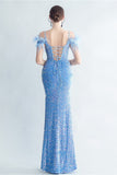 Ombro frio Sequins Blue Corset Prom Dress com penas