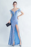 Ombro frio Sequins Blue Corset Prom Dress com penas