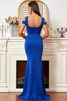 Cetim Sereia Ombro Frio Royal Blue Prom Dress