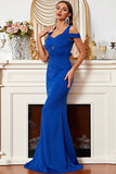 Cetim Sereia Ombro Frio Royal Blue Prom Dress