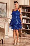Royal Blue Espaghetti Correias Franjas Roaring 20s Grande Vestido Gatsby