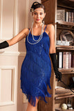 Royal Blue Espaghetti Correias Franjas Roaring 20s Grande Vestido Gatsby