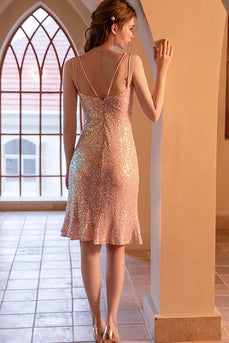 Esparguete Correias Blush Sequins Cocktail Dress com Fenda