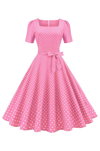Rosa Polka Dots mangas curtas vestido dos anos 1950