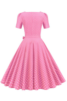 Rosa Polka Dots mangas curtas vestido dos anos 1950