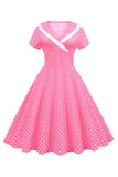 Rosa Polka Dots V-Neck mangas curtas vestido dos anos 1950