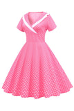 Rosa Polka Dots V-Neck mangas curtas vestido dos anos 1950