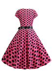 Rosa Preto Polka Dots Cap Mangas Vestido dos anos 1950
