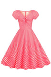 Rosa Vermelho Polka Dots Puff Mangas 1950 Vestido