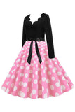 Polka Dots Rosa Mangas Longas Vestido dos anos 1950