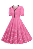 Rosa mangas curtas Polka Dots vestido dos anos 1950