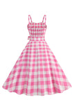 Plaid Rosa Esparguete Correias Uma Linha 1950 Vestido