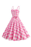 Plaid Rosa Esparguete Correias Uma Linha 1950 Vestido