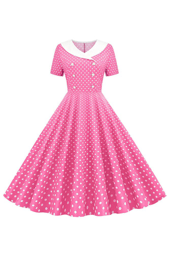 Polka Dots Pink Boat Neck mangas curtas 1950s vestido com bowknot