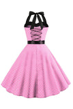 Rosa Polka Dots Halter vestido dos anos 1950 com Bowknot