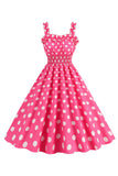 Pink Polka Dots A Line Smocked Vestido dos anos 1950
