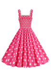 Pink Polka Dots A Line Smocked Vestido dos anos 1950