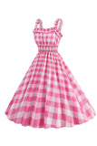 Pink Plaid A Line Smocked Vestido dos anos 1950