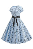 Azul claro impresso cap mangas 1950s vestido
