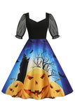 Preto A Line Halloween Vestido Vintage Impresso