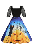 Preto A Line Halloween Vestido Vintage Impresso