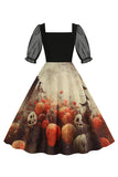 Preto A Line Halloween Vestido Vintage Impresso