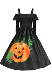 Halloween Abóbora Impresso Preto Ombro Frio VIntage Dress