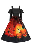 Halloween Abóbora Impresso Preto Ombro Frio VIntage Dress