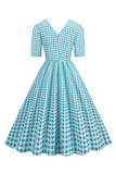 Preto xadrez V-Neck mangas curtas vestido dos anos 1950