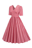 Preto xadrez V-Neck mangas curtas vestido dos anos 1950