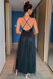 Fuchsia Deep V Neck Uma linha brilhante longo vestido de baile com fenda