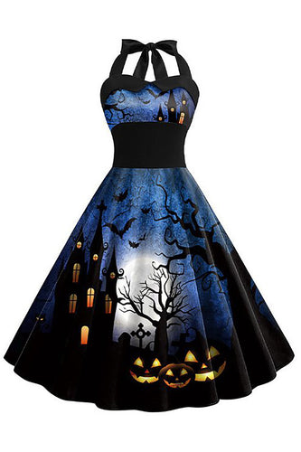 Halloween estampado Halter Blue Vintage Dress