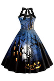 Halloween estampado Halter Blue Vintage Dress
