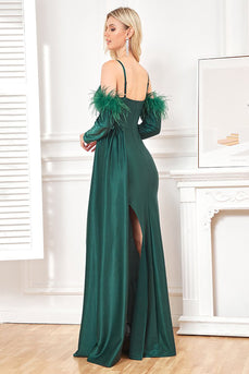 Verde escuro mangas destacáveis espaguete alças longo vestido de baile