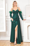 Verde escuro mangas destacáveis espaguete alças longo vestido de baile