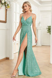Sparkly Green Sapghetti Correias Long Prom Dress Com Fenda