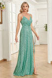 Sparkly Green Sapghetti Correias Long Prom Dress Com Fenda