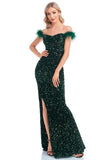 Sereia verde escura de lantejoulas brilhantes fora do vestido de baile de ombro com fenda