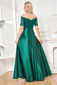 Fora do ombro verde escuro brilhante lantejoulas longo vestido de baile com fenda